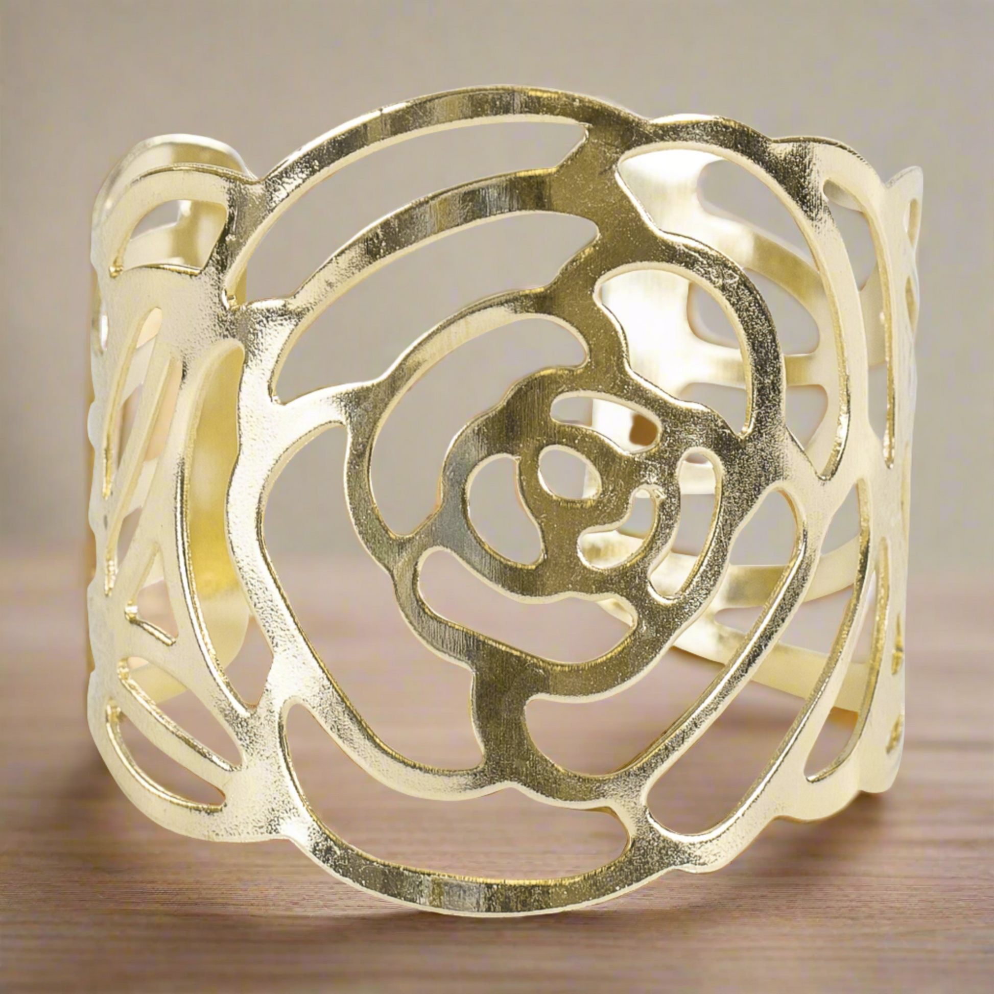 10 pc/pk Laser Cut Rose Metal Napkin Ring - Gold