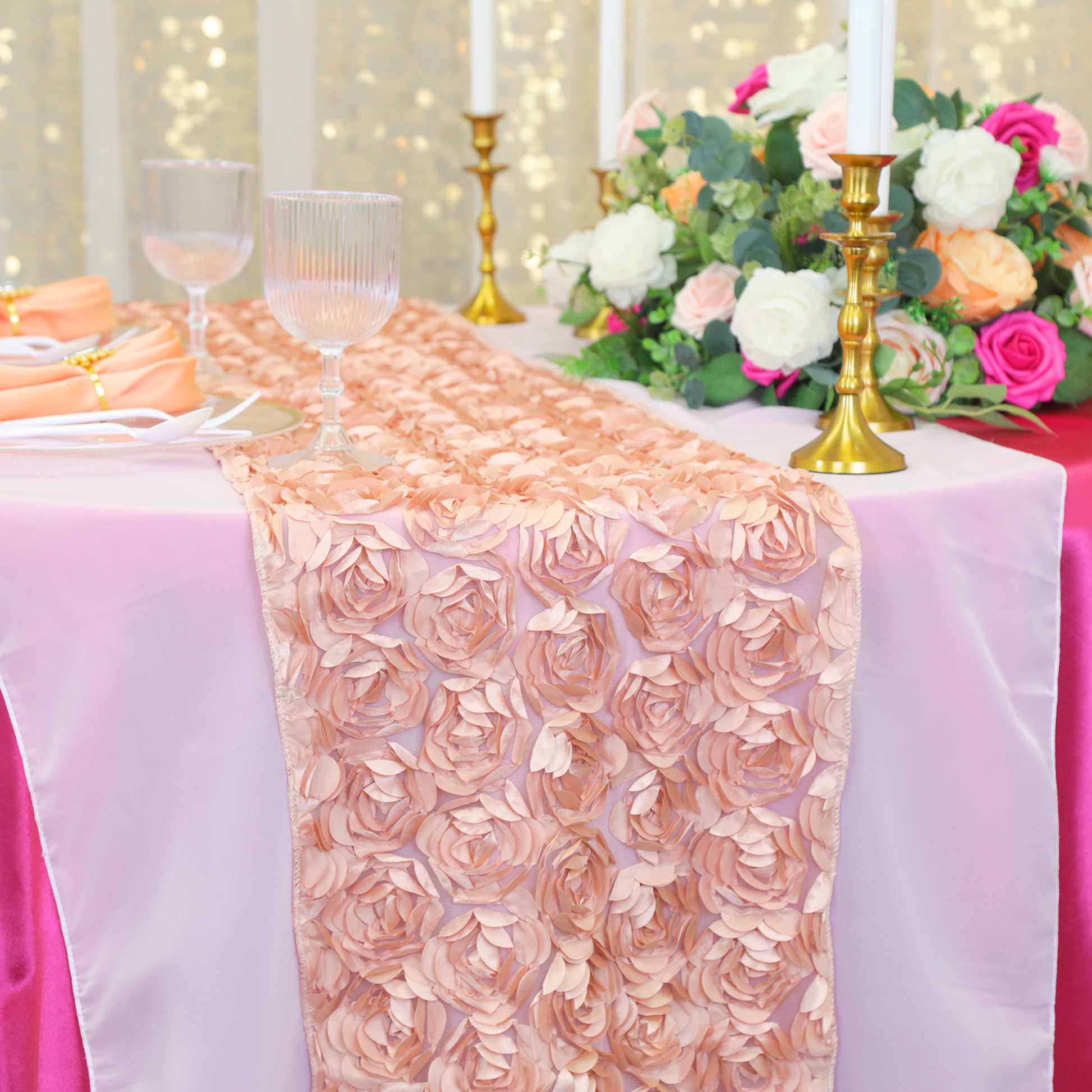 Mini Rosette on MESH Table Runner - Blush/Rose Gold