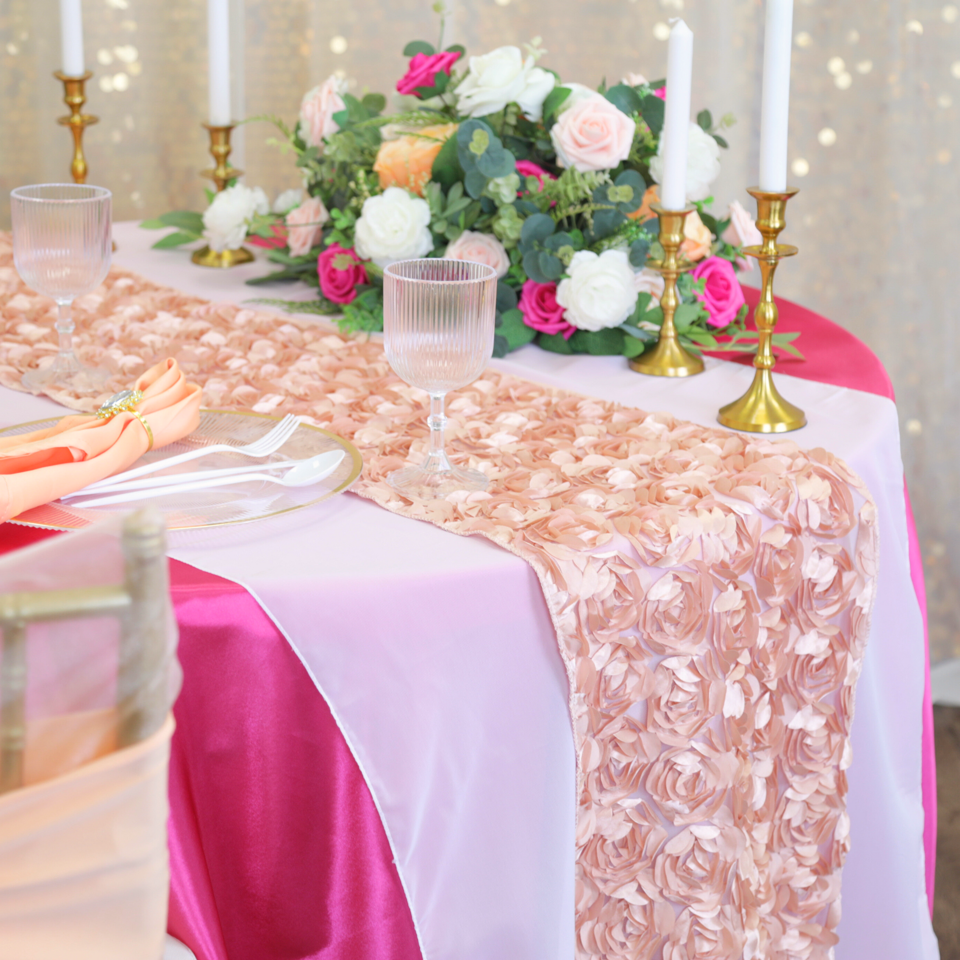 Mini Rosette on MESH Table Runner - Blush/Rose Gold