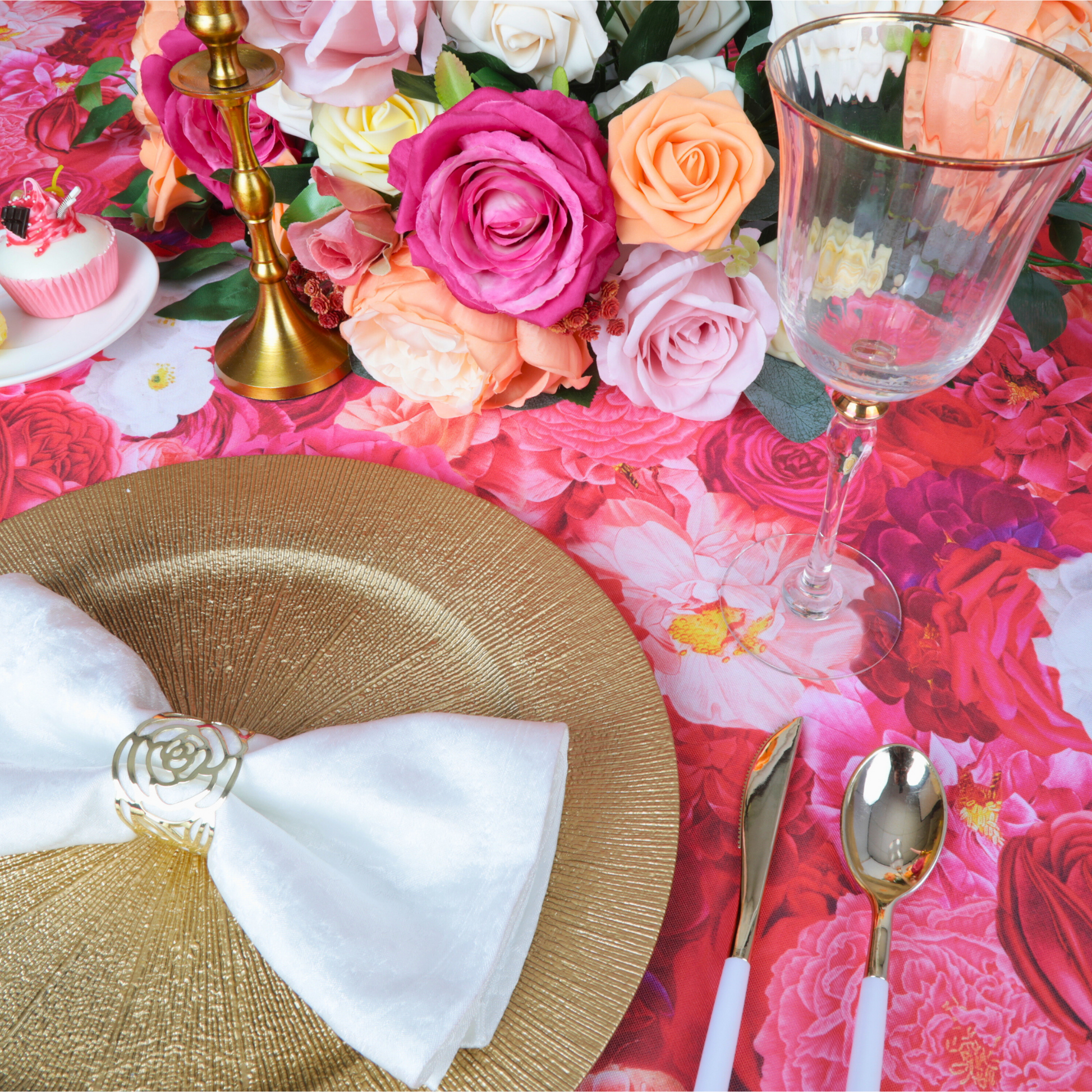 Floral Peony Roses 60"x120" Rectangular Tablecloth - Fuchsia