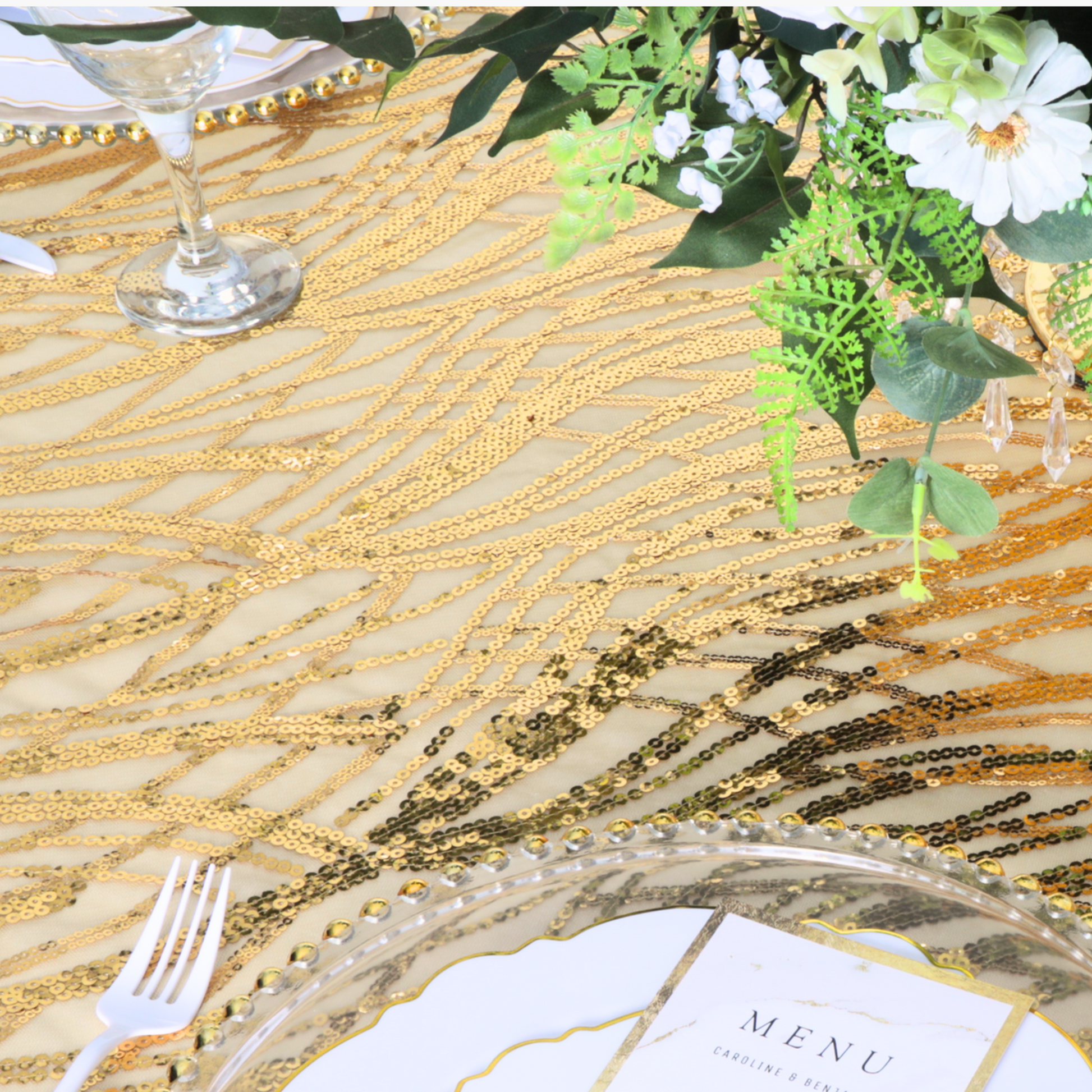 Wave Sequin Mesh Tablecloth 90"x132" Rectangular - Gold