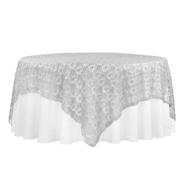 Chemical Lace 90x90 Square Table Overlay - Silver