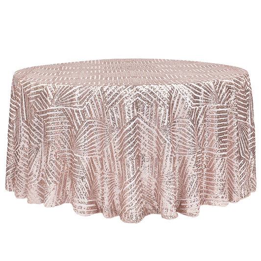 Geometric Glitz Art Deco Sequin Tablecloth 132" Round - Blush/Rose Gold - CV Linens