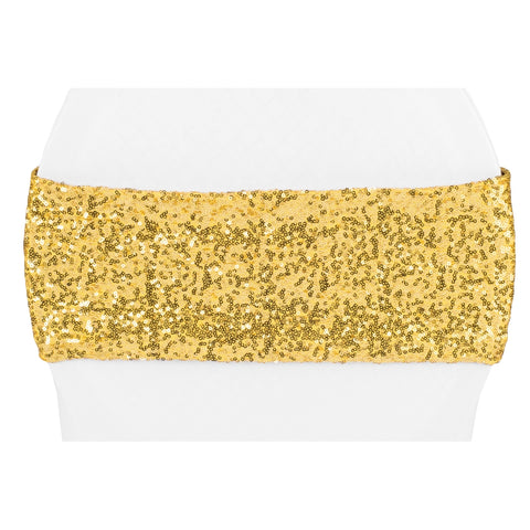 Glitz Sequin Spandex Chair Bands Gold CV Linens